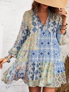 Boho floral print patchwork notch neck dress